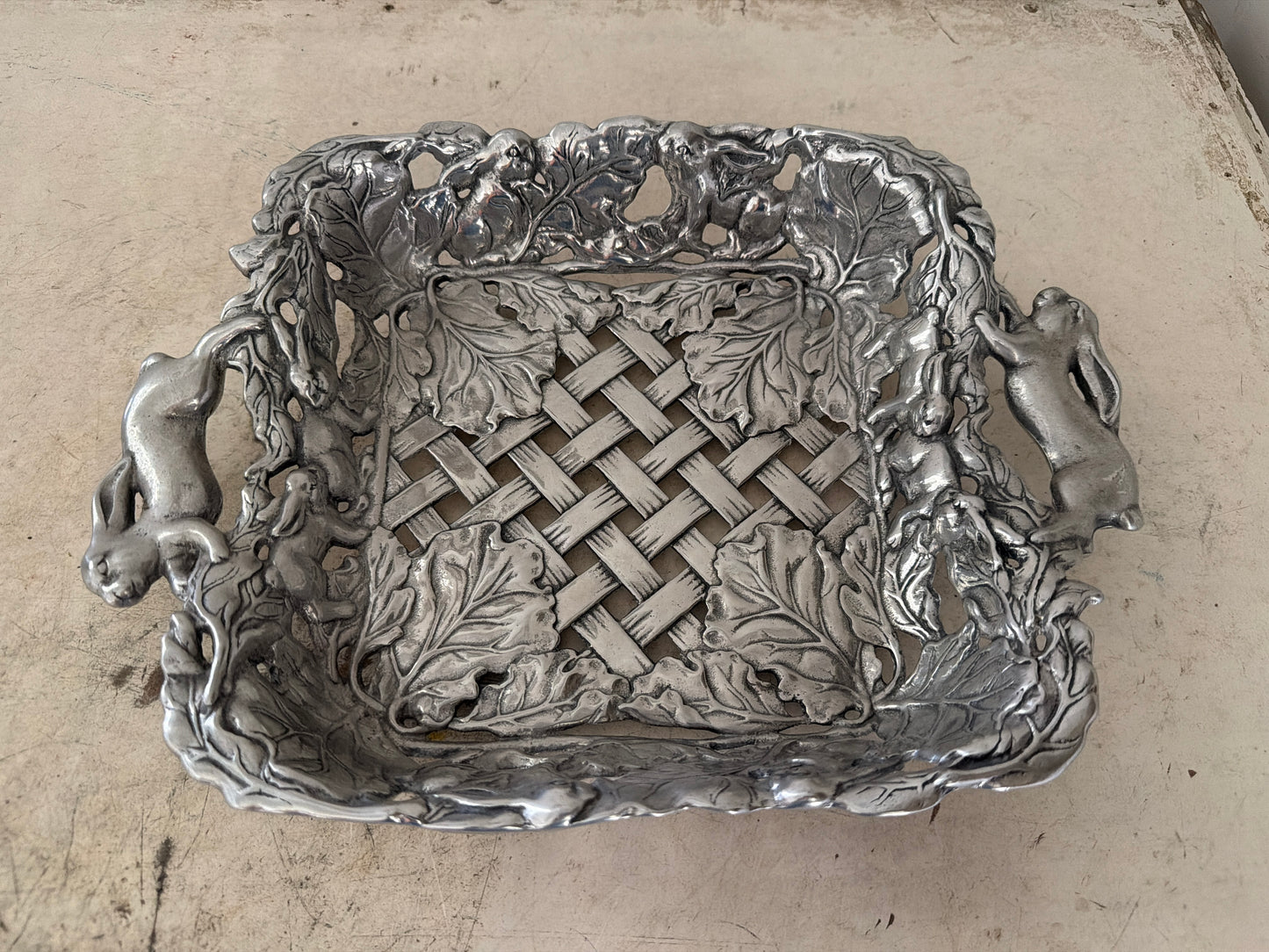 Arthur Court lattice bunny rabbit serving tray, polished aluminum