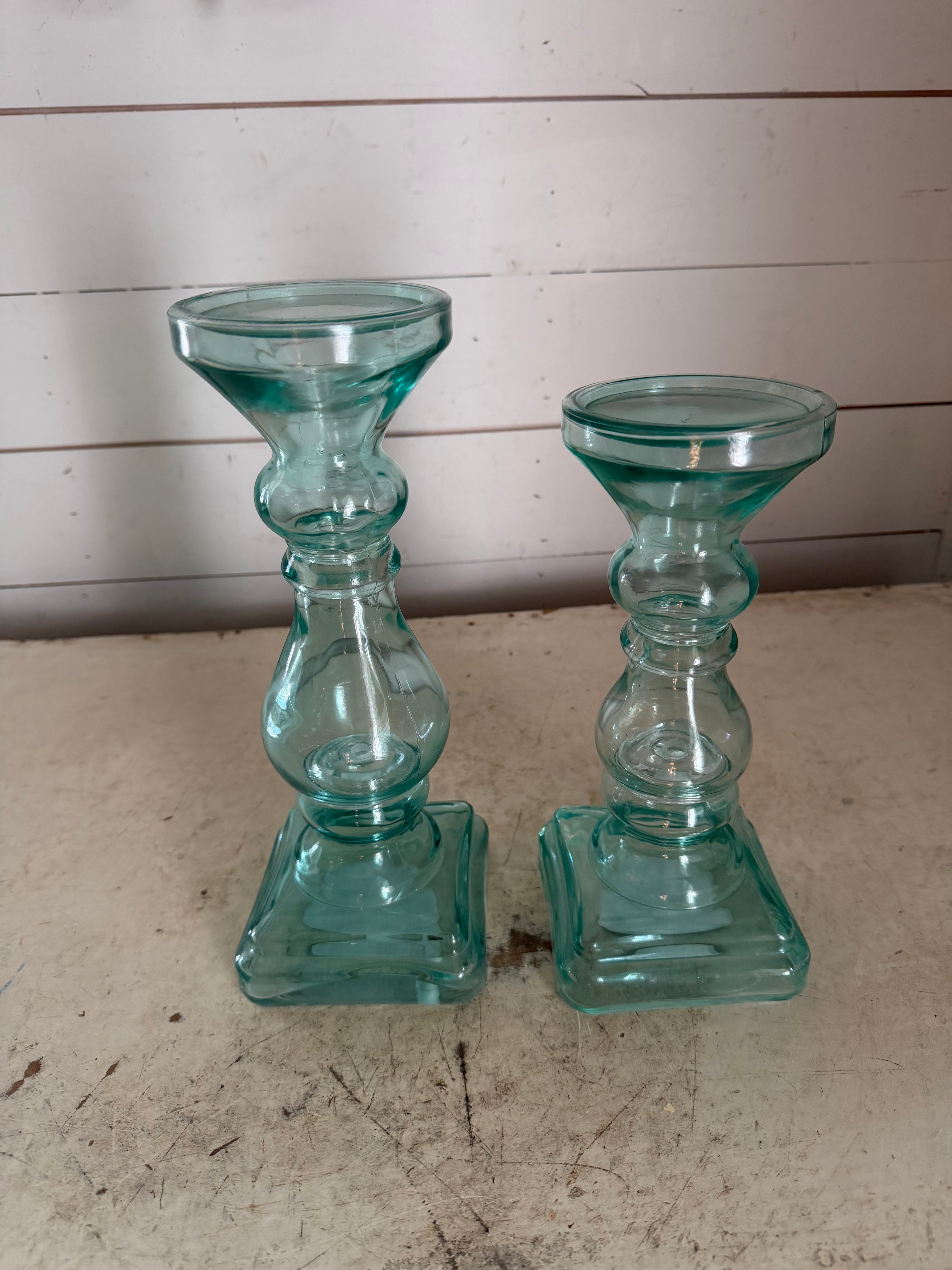 Vintage Glass Blue Green Candlestick Set