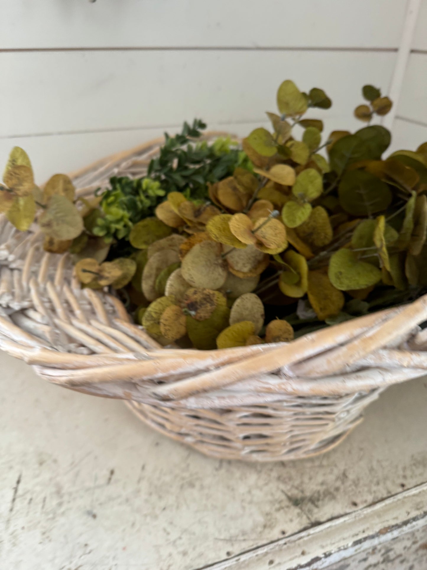 Oversized White Washed White Wicker Basket - greenery not included