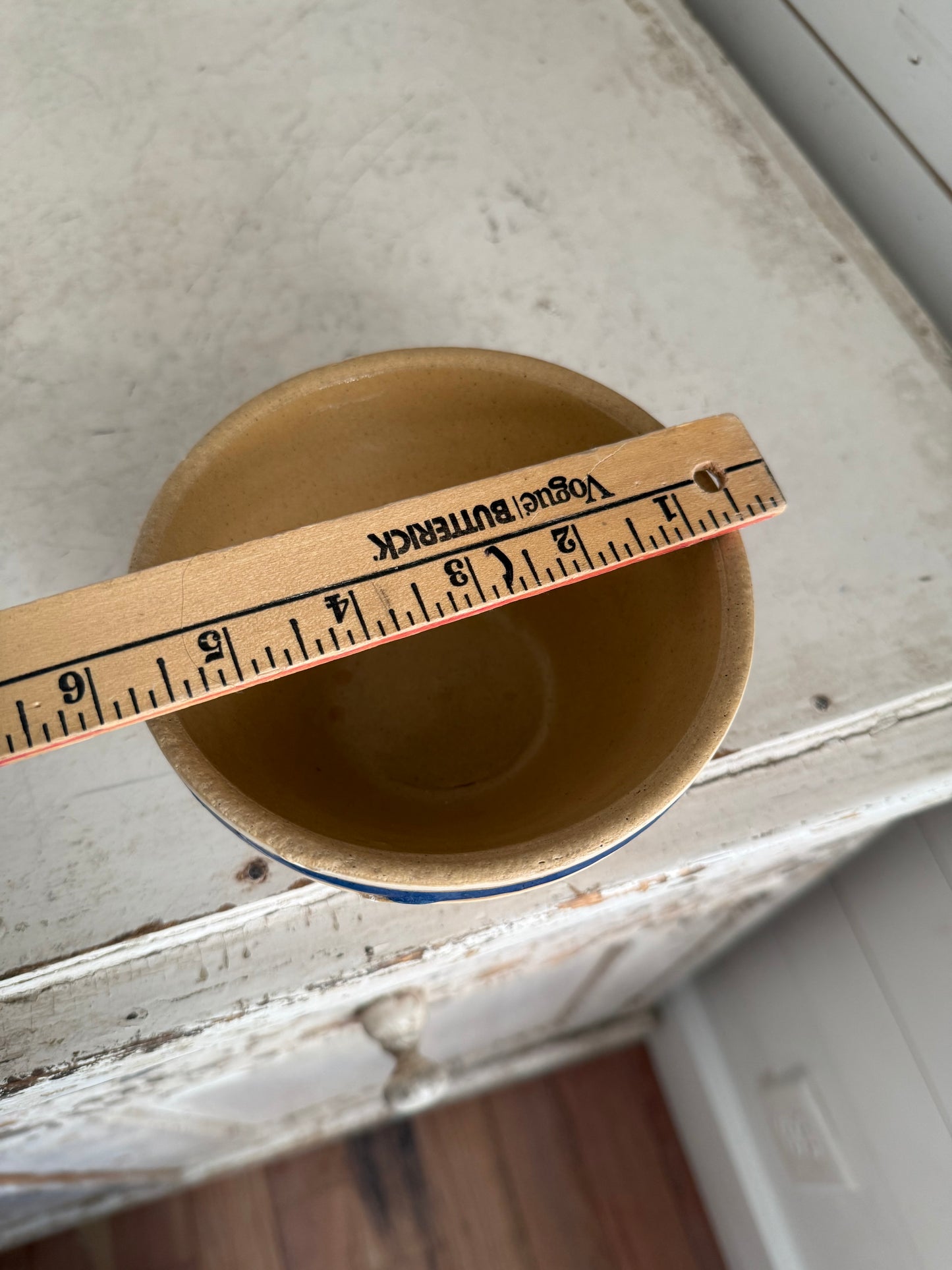 Small Yellowware crock bowl with blue stripe