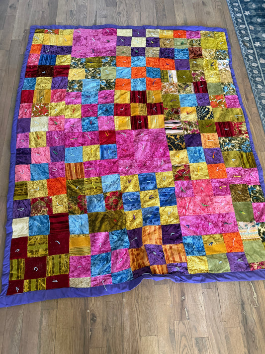 Homemade Crazy Velvet Quilt twin Size as is