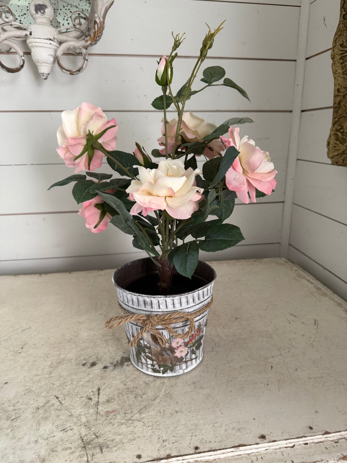 Metal Pot with bow with pink flower arrangement included - B