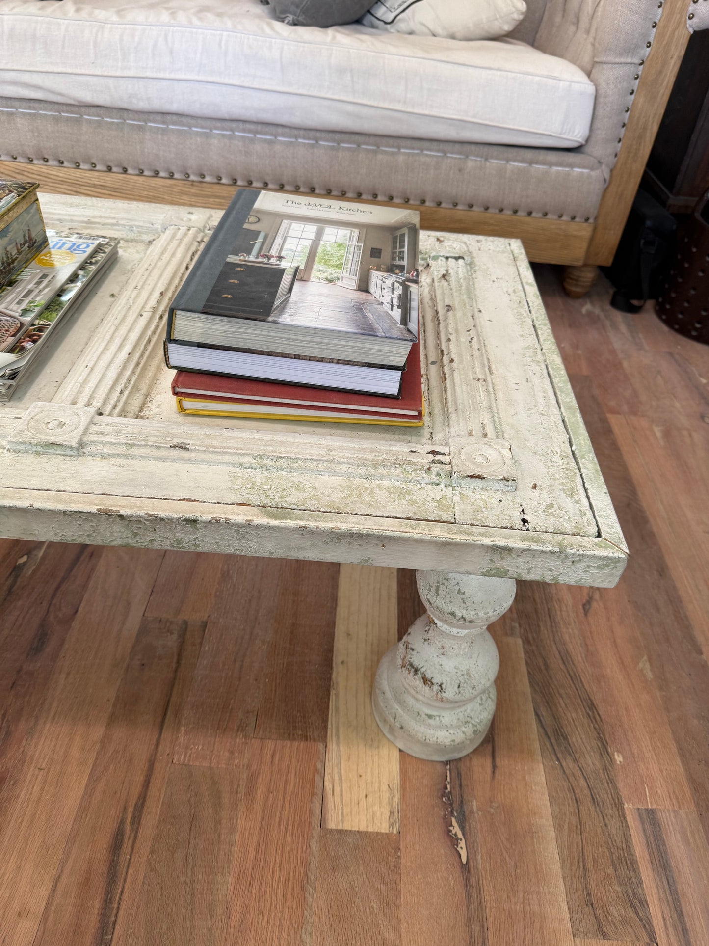 Chippy Custom Old Door Coffee Table with rustic turned legs