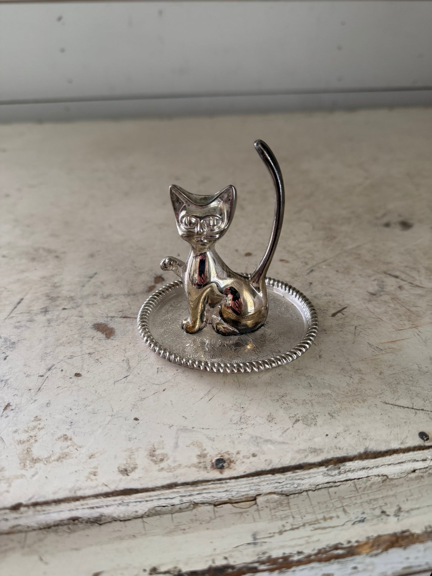 Vintage Silver Cat Ring Holder Trinket Tray Mid Century Modern Feline Vanity