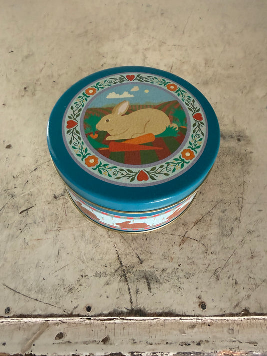 Vintage Round Metal Tin With A Rabbit In The Carrot Patch
