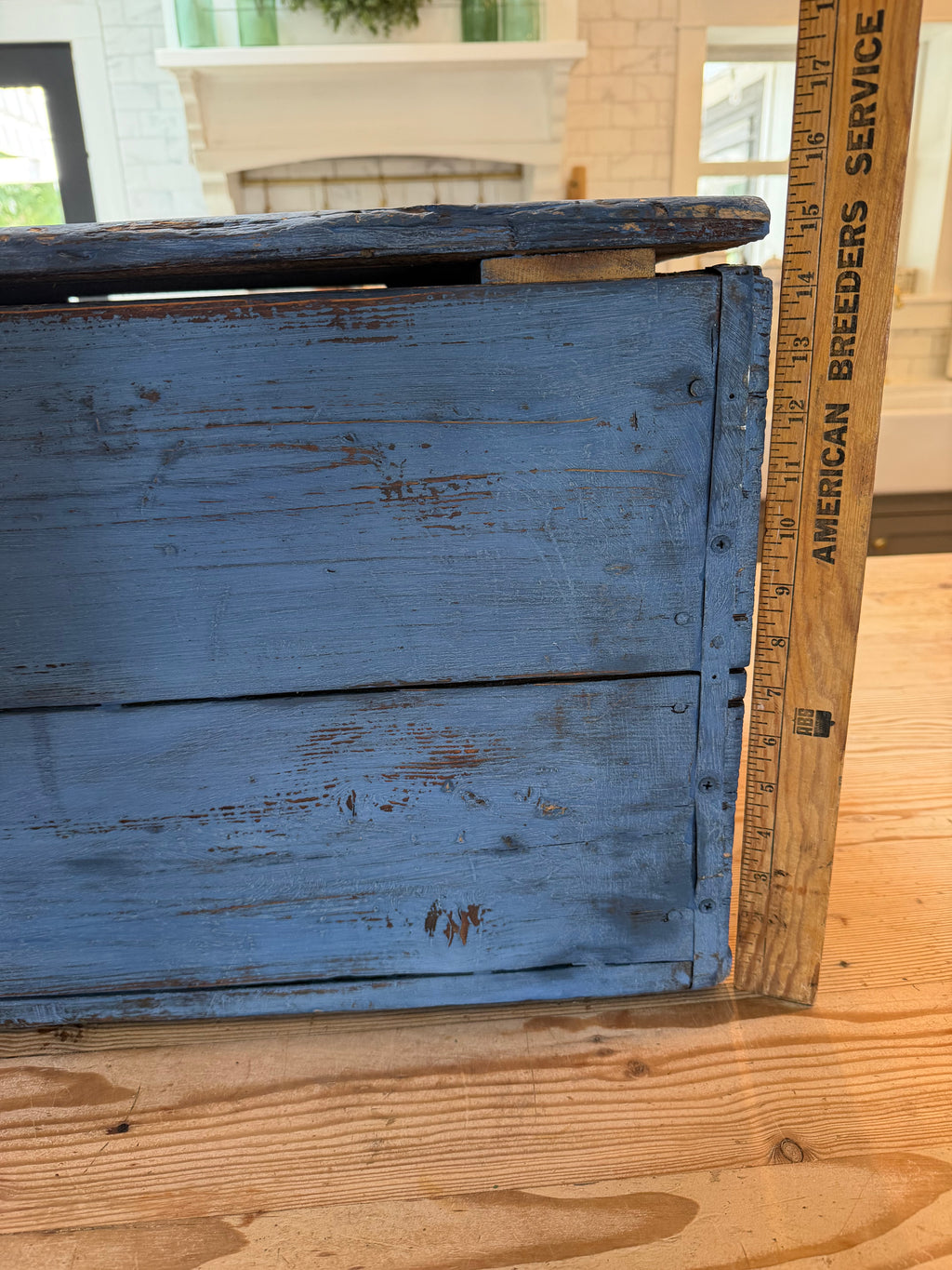 Vintage Large Wood Kindling Box Painted In Federal Blue Milk Paint