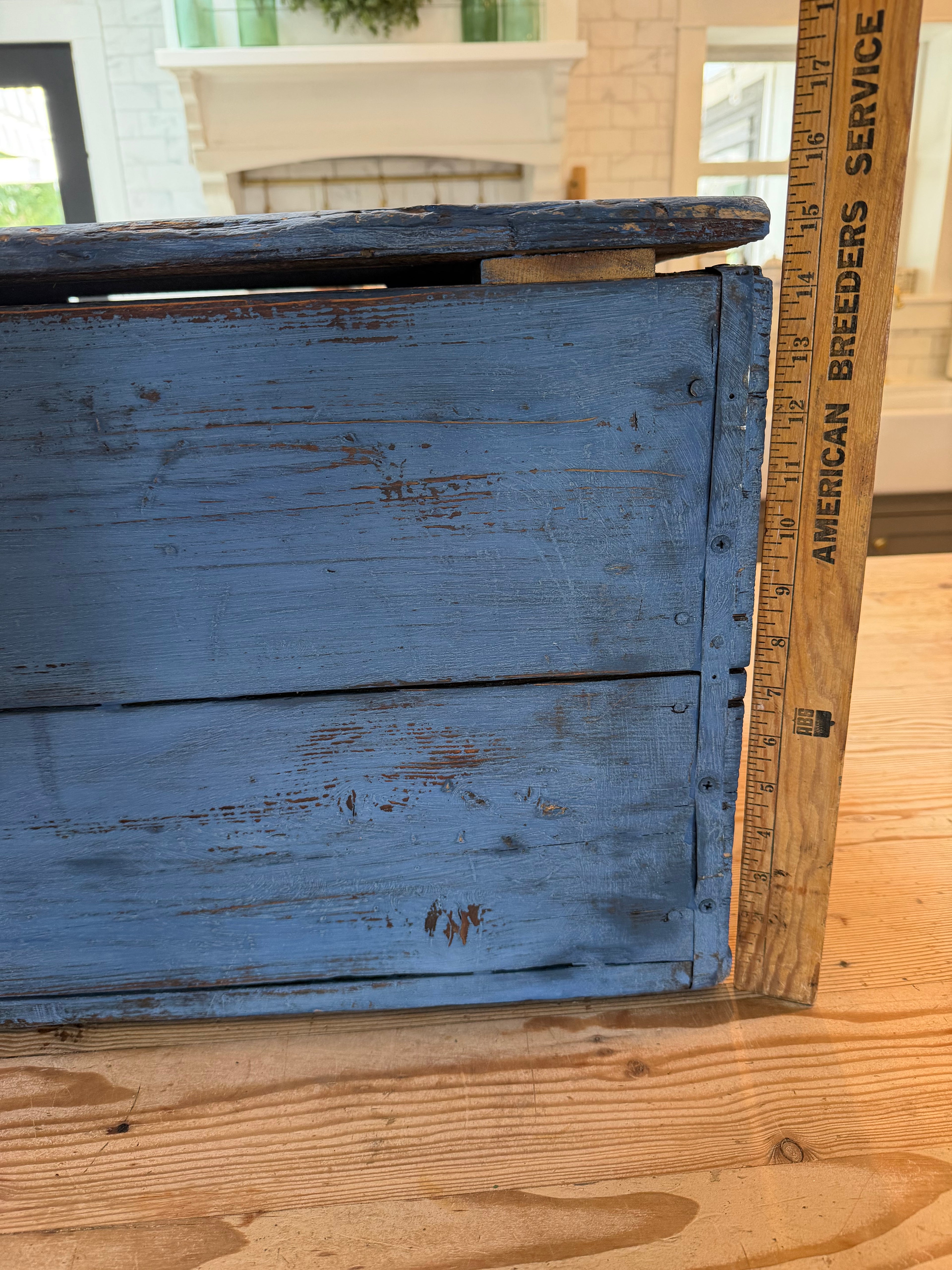 Vintage Large Wood Kindling Box Painted In Federal Blue Milk Paint