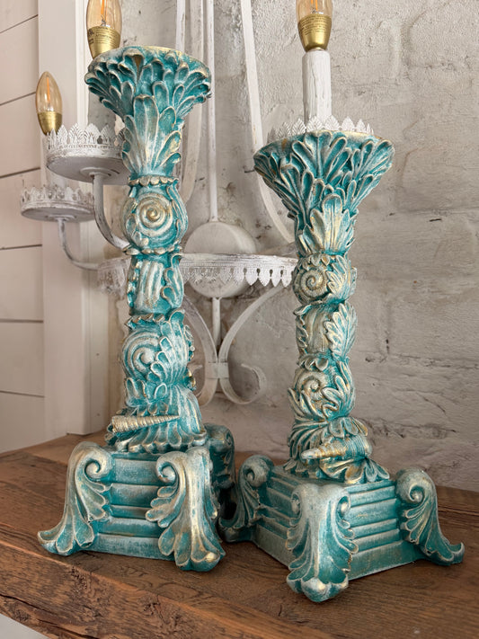 Set of two cottage Seaside handpainted candlesticks