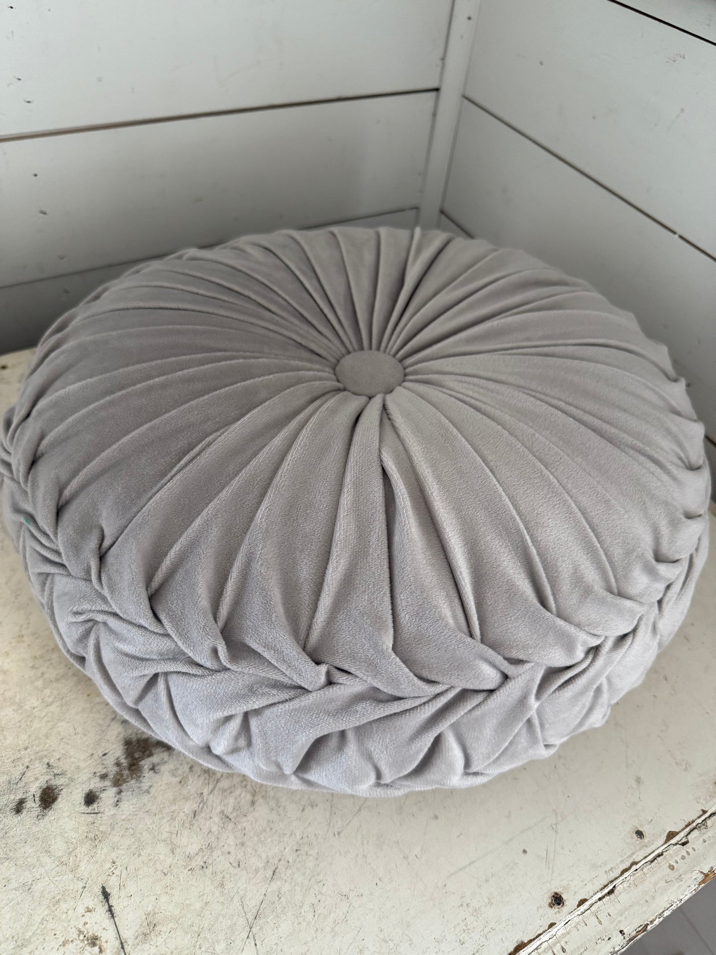 Pleated Tufted Gray Velvet Round Pillow