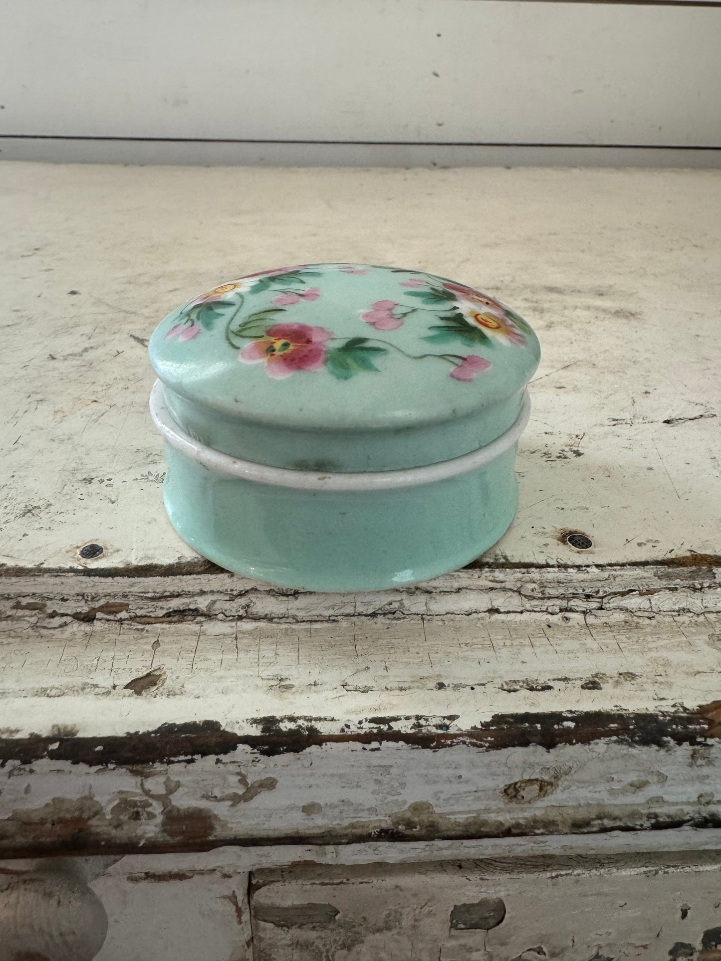 English Hand Painted Trinket Dish Blue with Pink Flowers