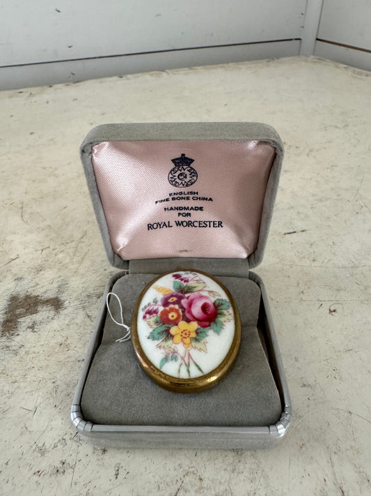 Vintage Royal Worcester Porcelain/China Floral Brooch/Pin Complete in Box