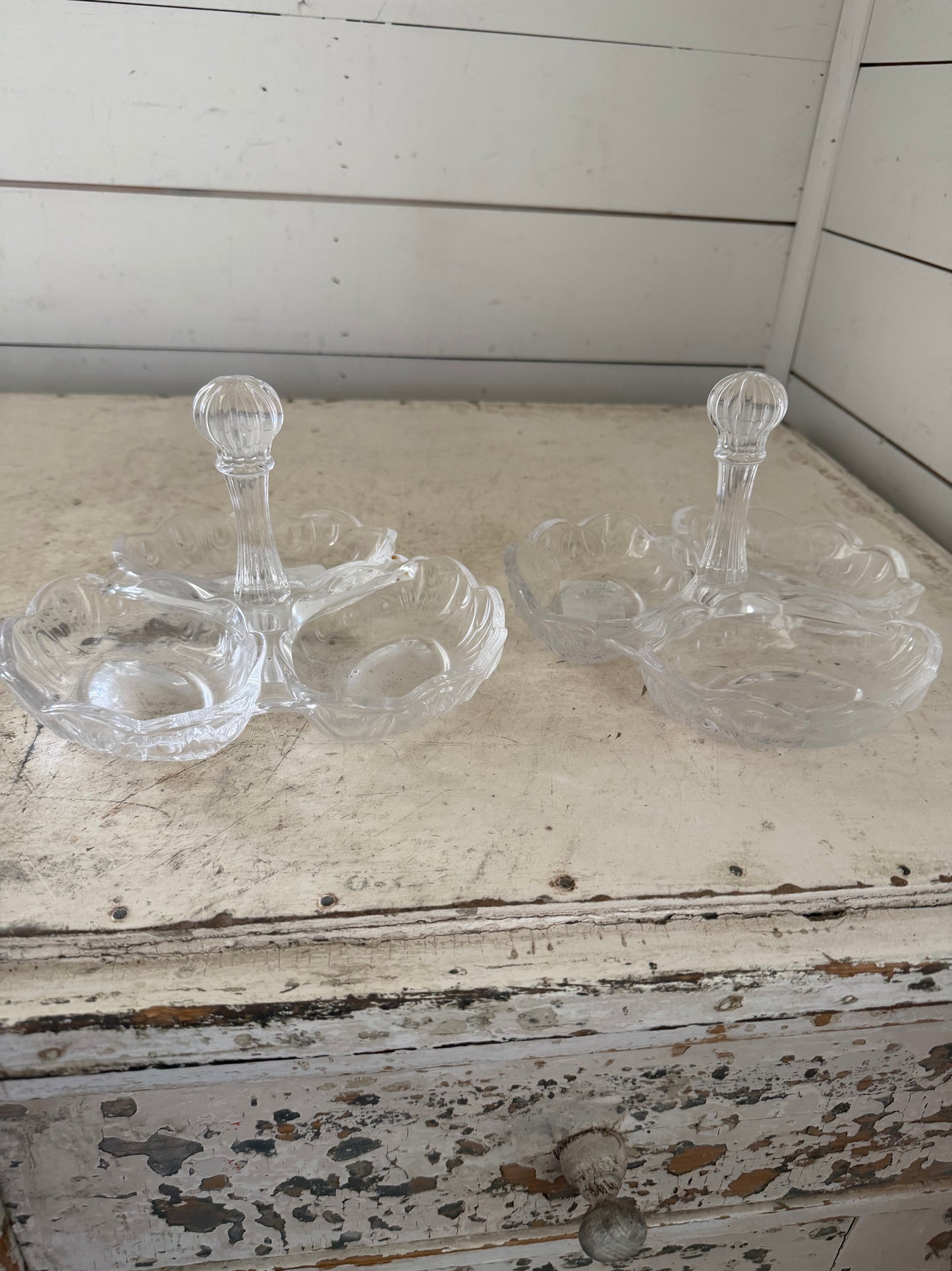 Vintage crystal relish dish with handle