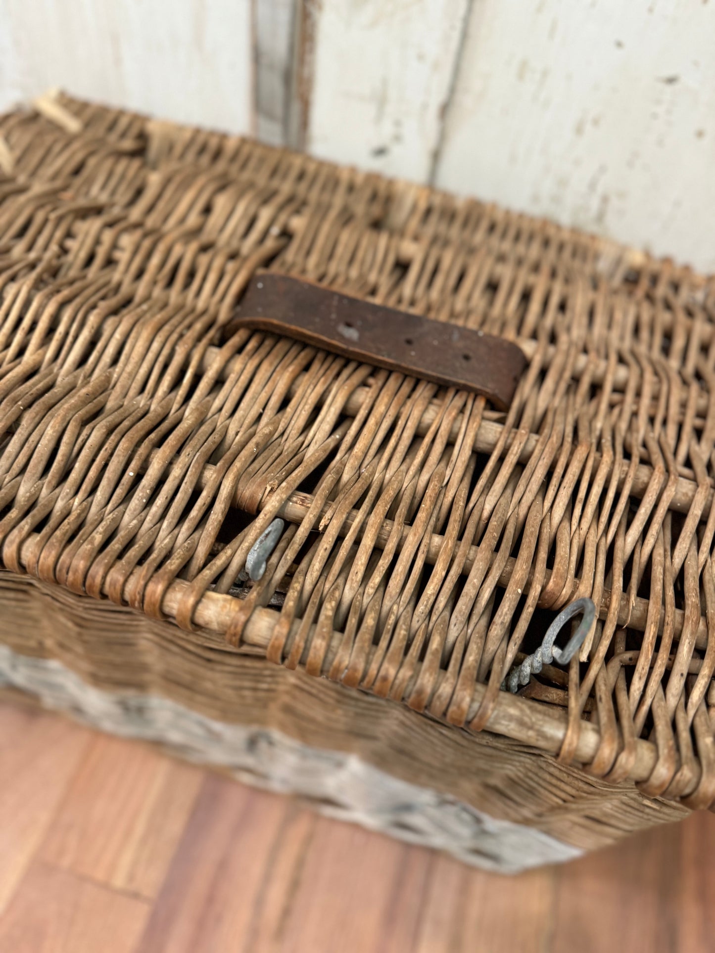 Antique Victorian English Wicker Basket with Leather Strap and raw hide leather stitching - original paint