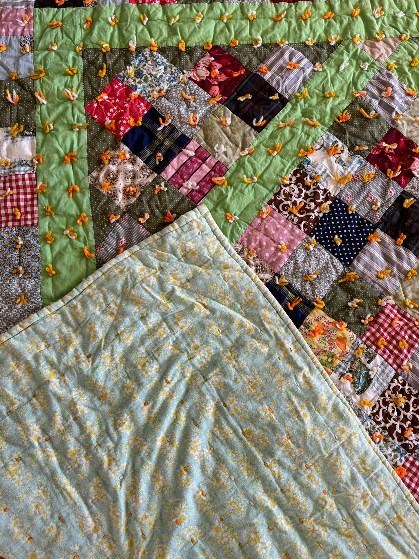 Full Size Vintage Homemade Quilt has imperfections as shown