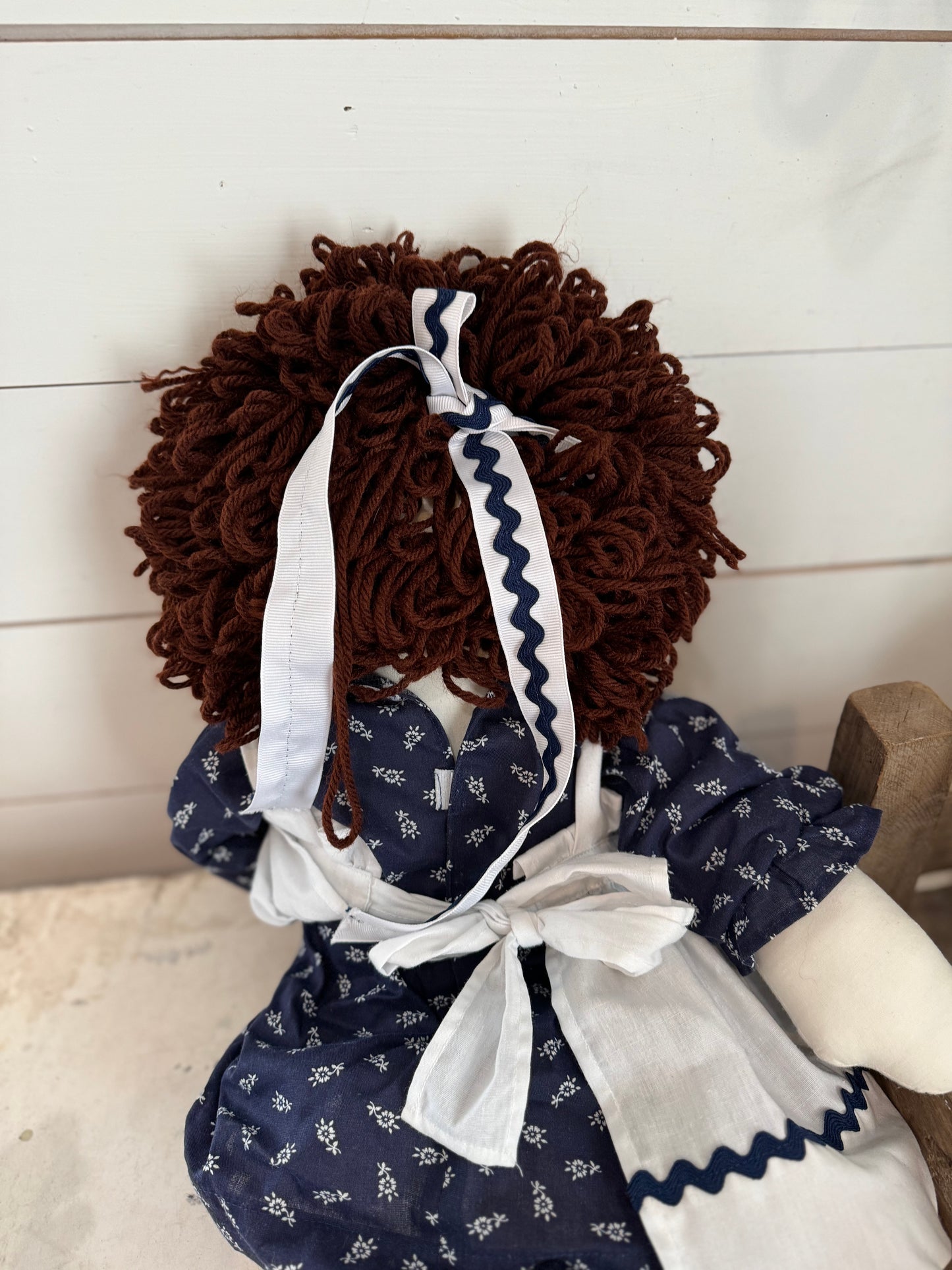 Raggedy Anne Doll in Navy Dress Hand Stitched