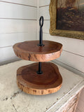 rustic 2-tier wood slab stand featuring natural live-edge tree rounds