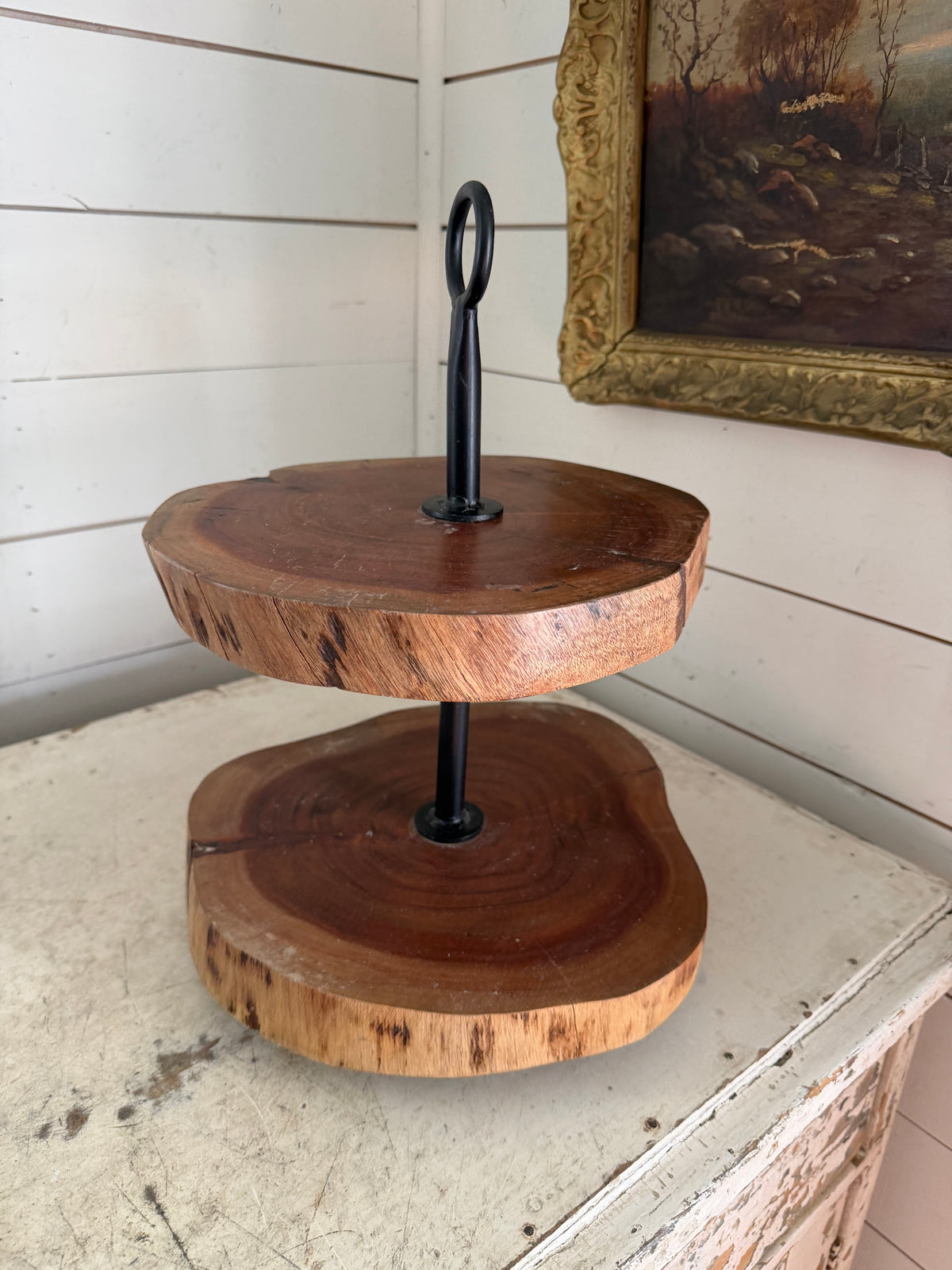 rustic 2-tier wood slab stand featuring natural live-edge tree rounds