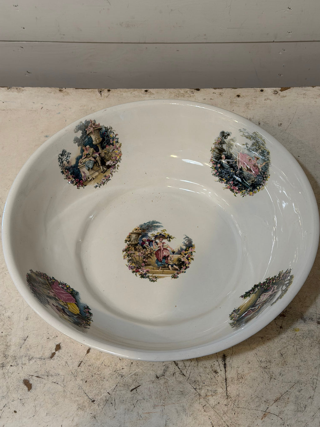 Vintage Porcelain Wash Basin With Victorian Scenes