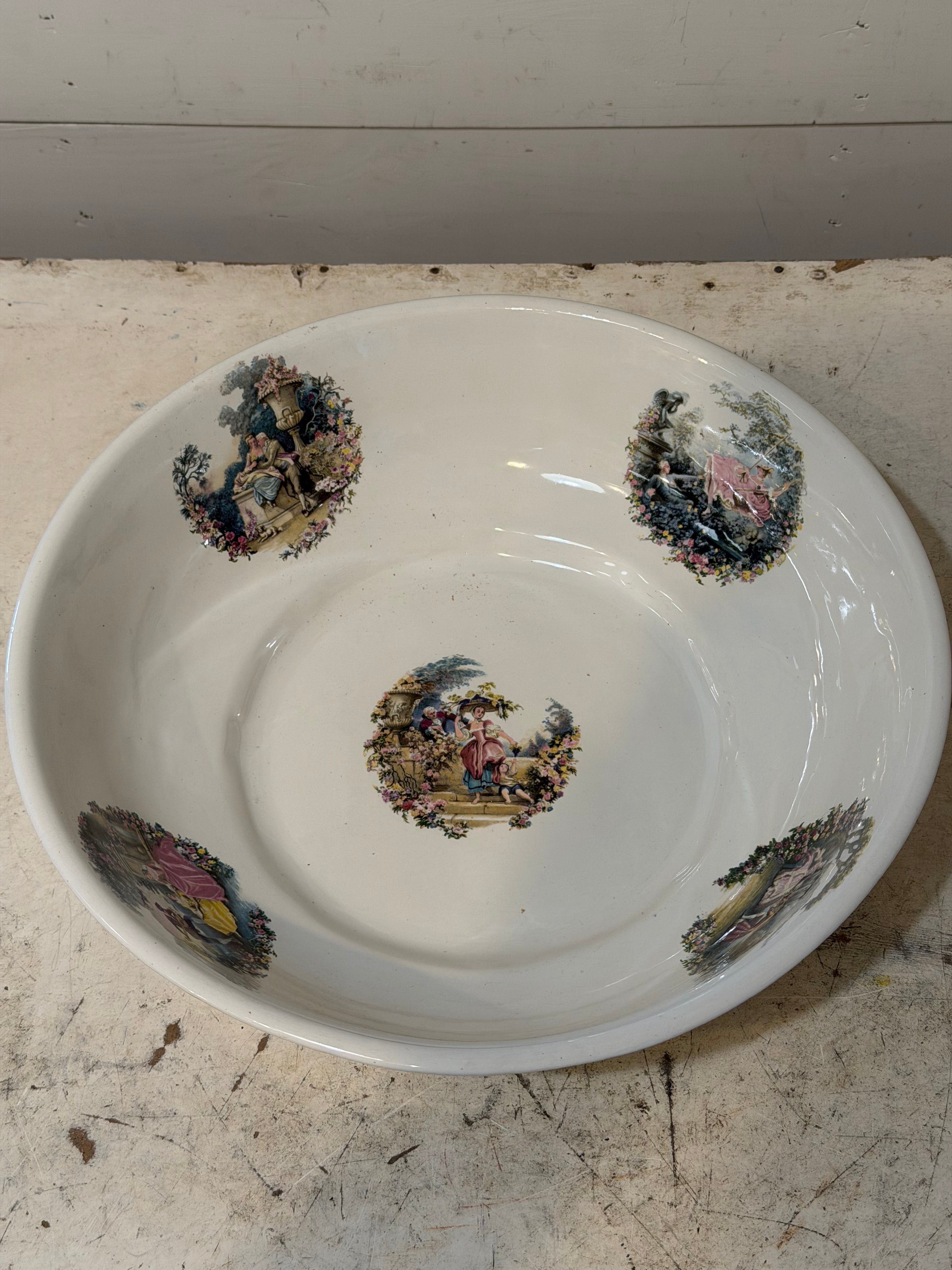 Vintage Porcelain Wash Basin With Victorian Scenes