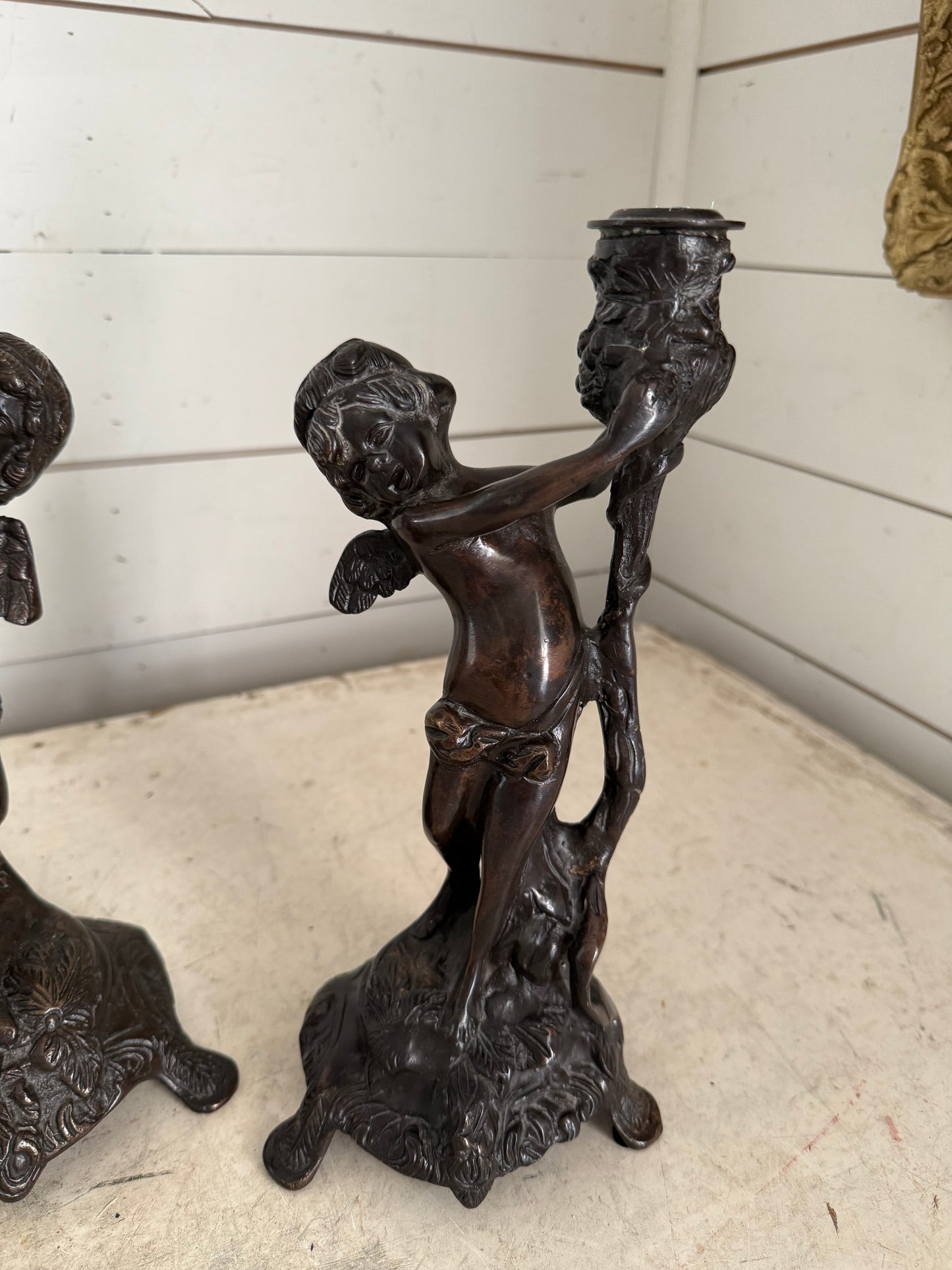 French Art Nouveau Bronze Cherubs Candle Holders Candlestick set