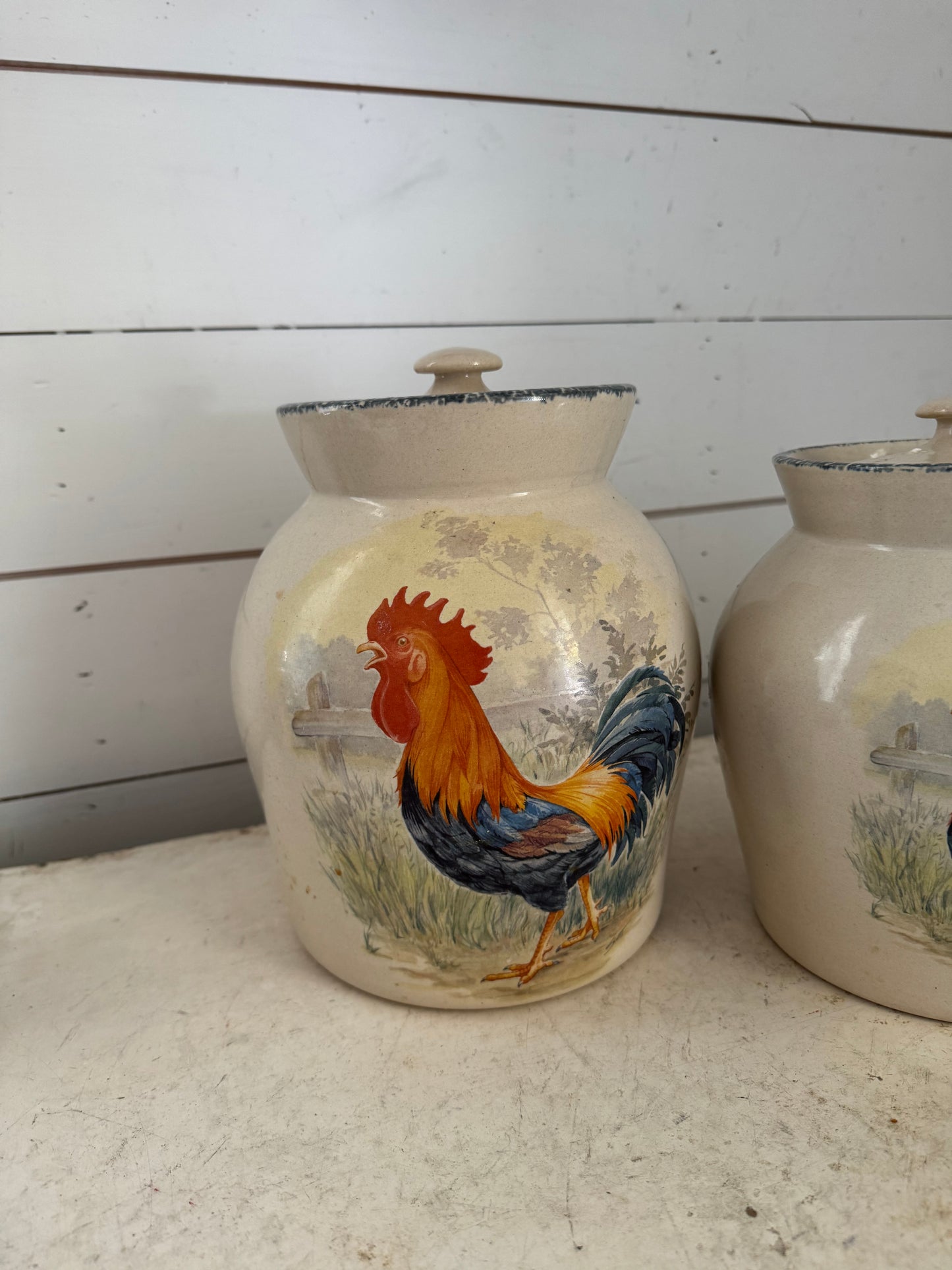 Rooster set of crocks with lids