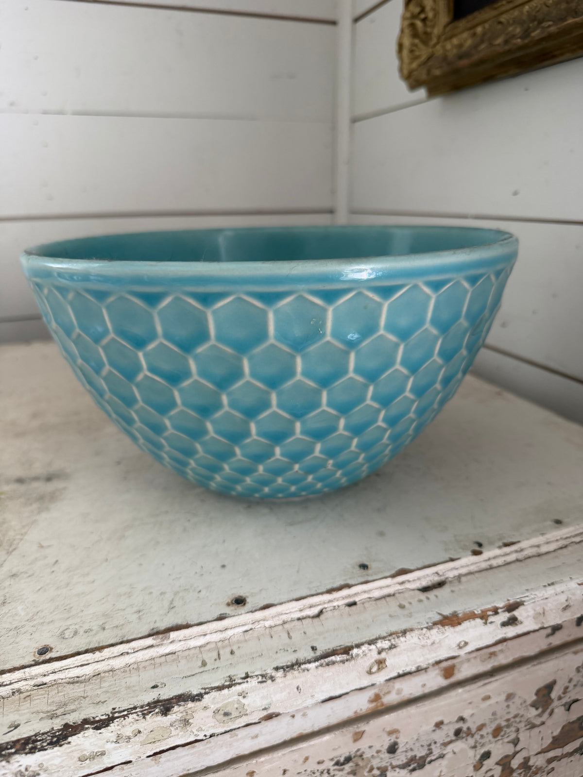 Blue honeycomb ceramic serving bowl