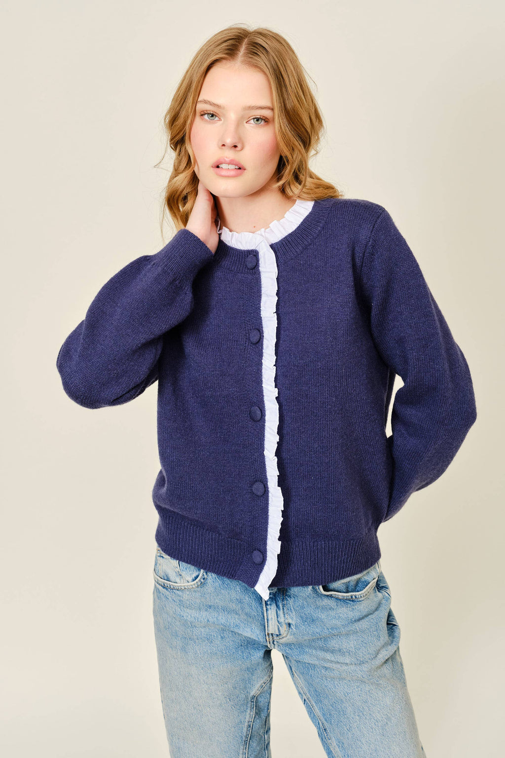 CONTRAST RUFFLE TRIM KNIT CARDIGAN