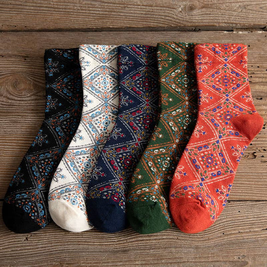 Retro diamond floral women's mid-calf socks - each pair sold individually