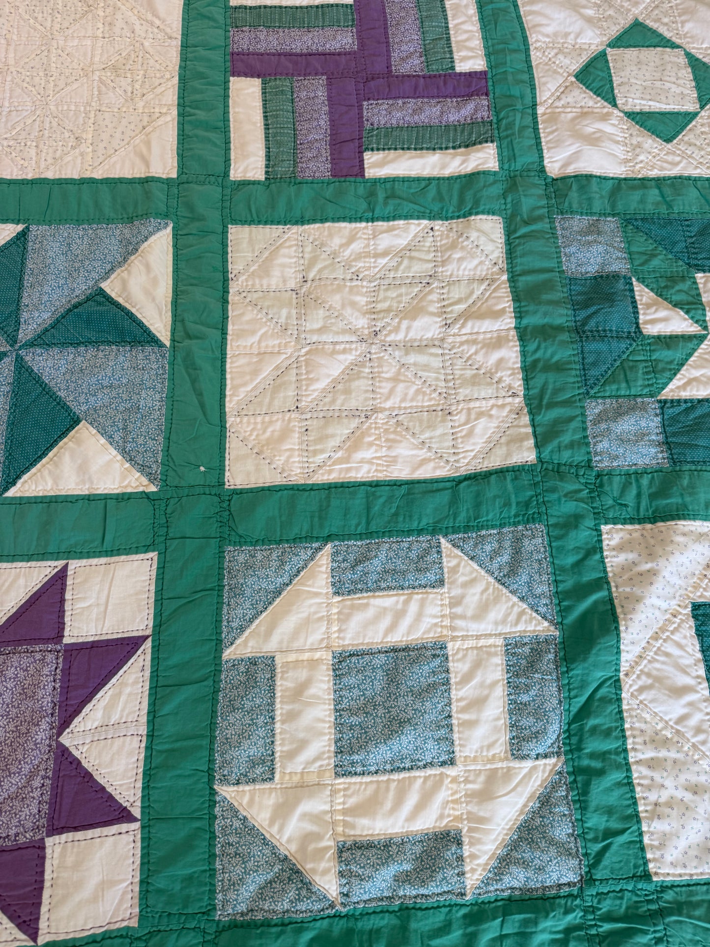 Vintage Purple and Green Hand Pieced Queen Quilt - as is has imperfections