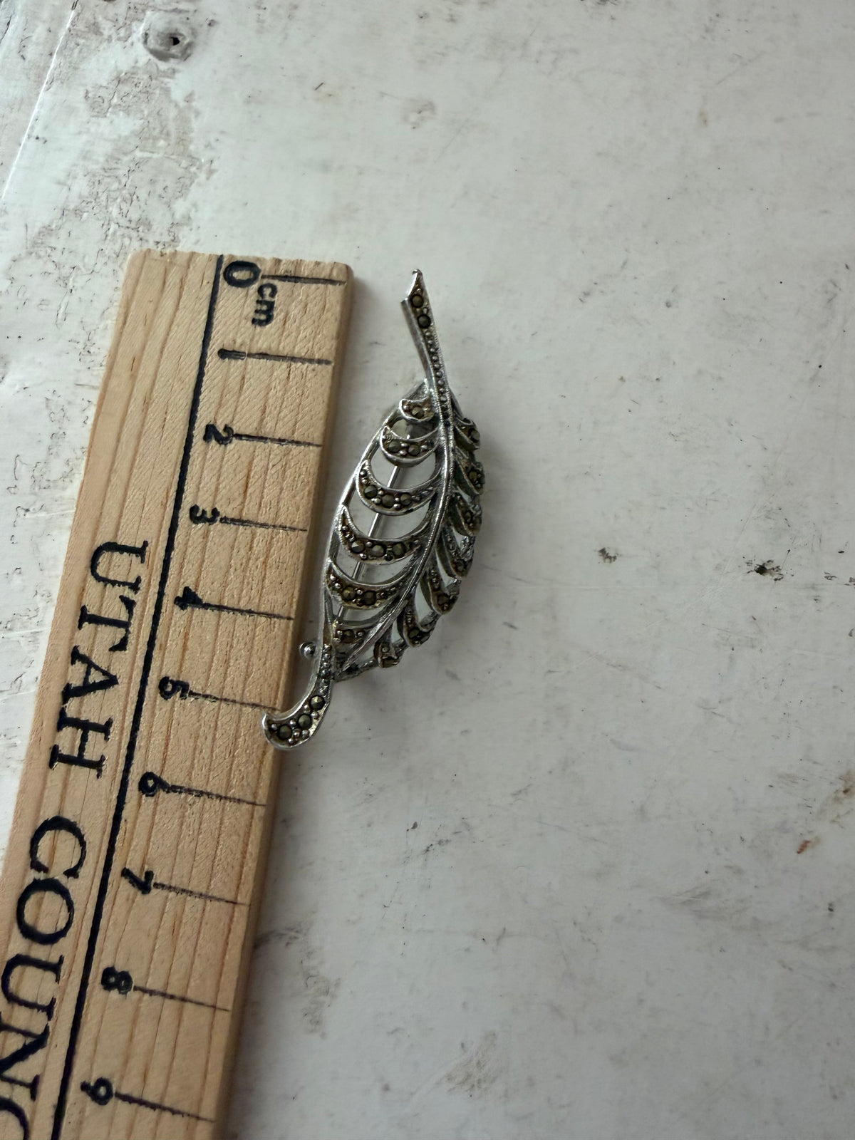 Vintage Silver Tone Leaf Brooch Marcasite Accents