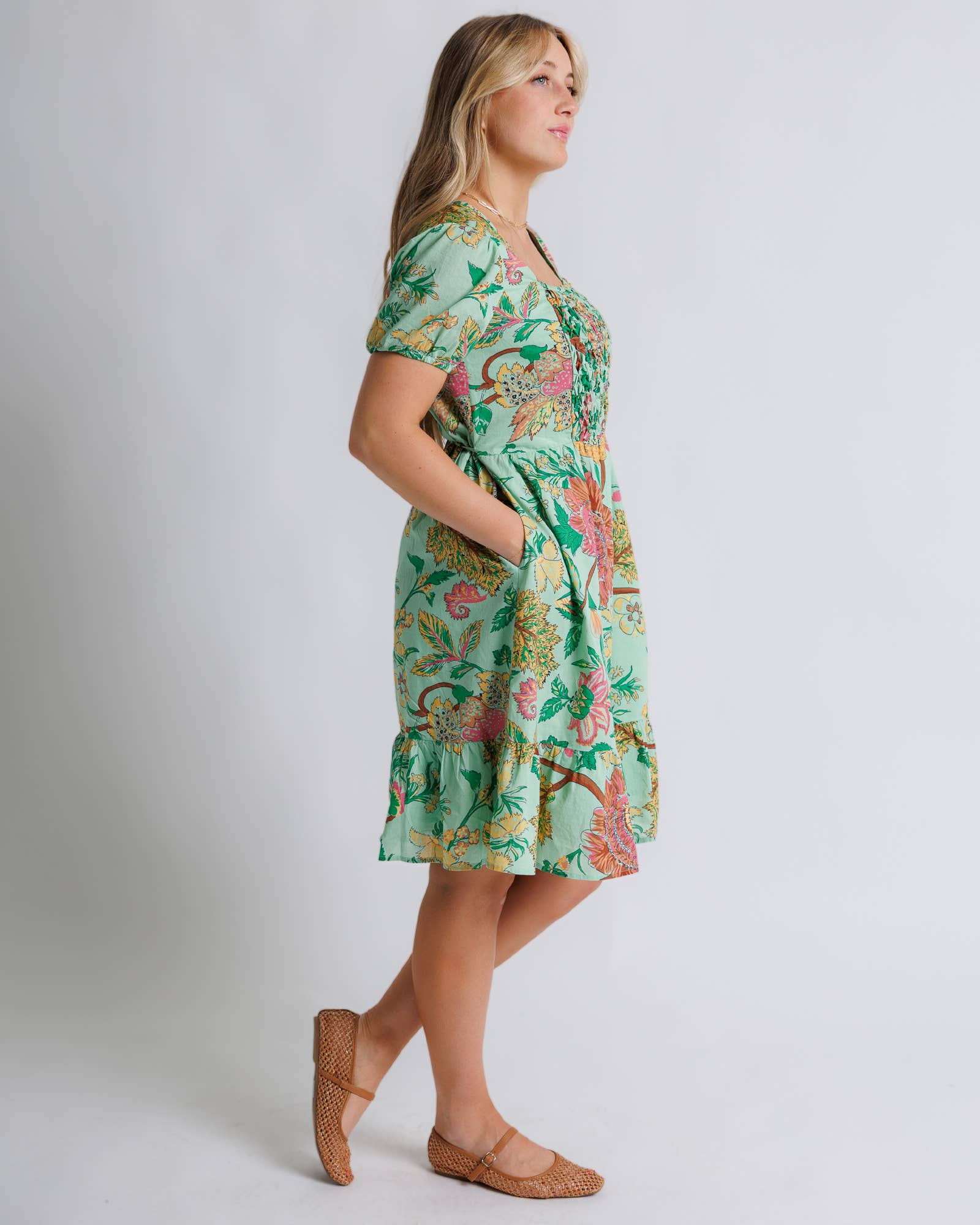 Hazel Green Floral Short Sleeve Knee Length Dress