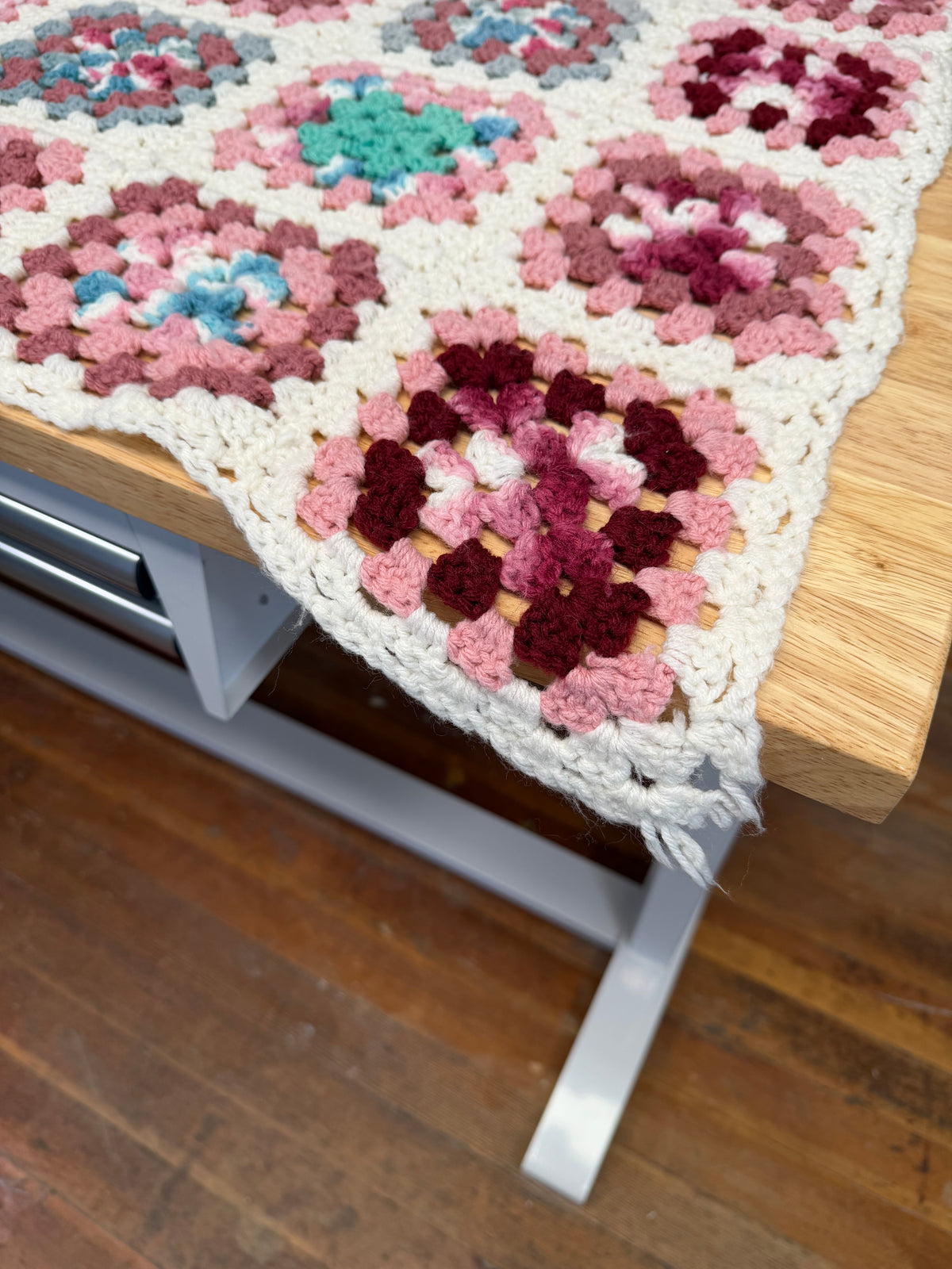 Vintage Granny Square Afghan - pink, rose teal and cream