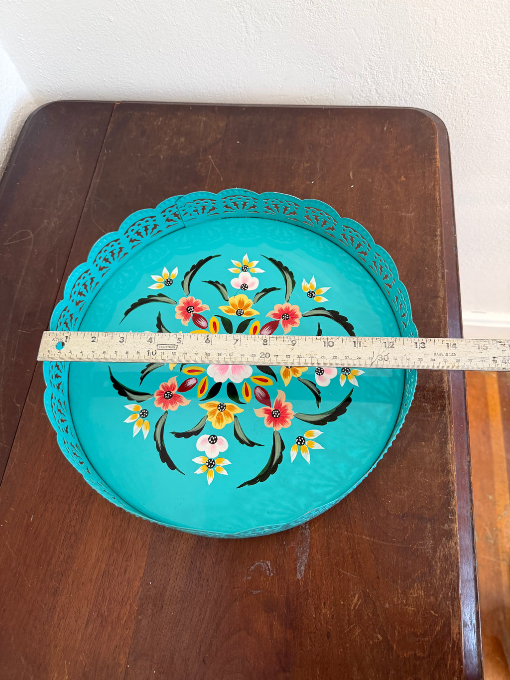 Turquoise  hand-painted floral metal tray