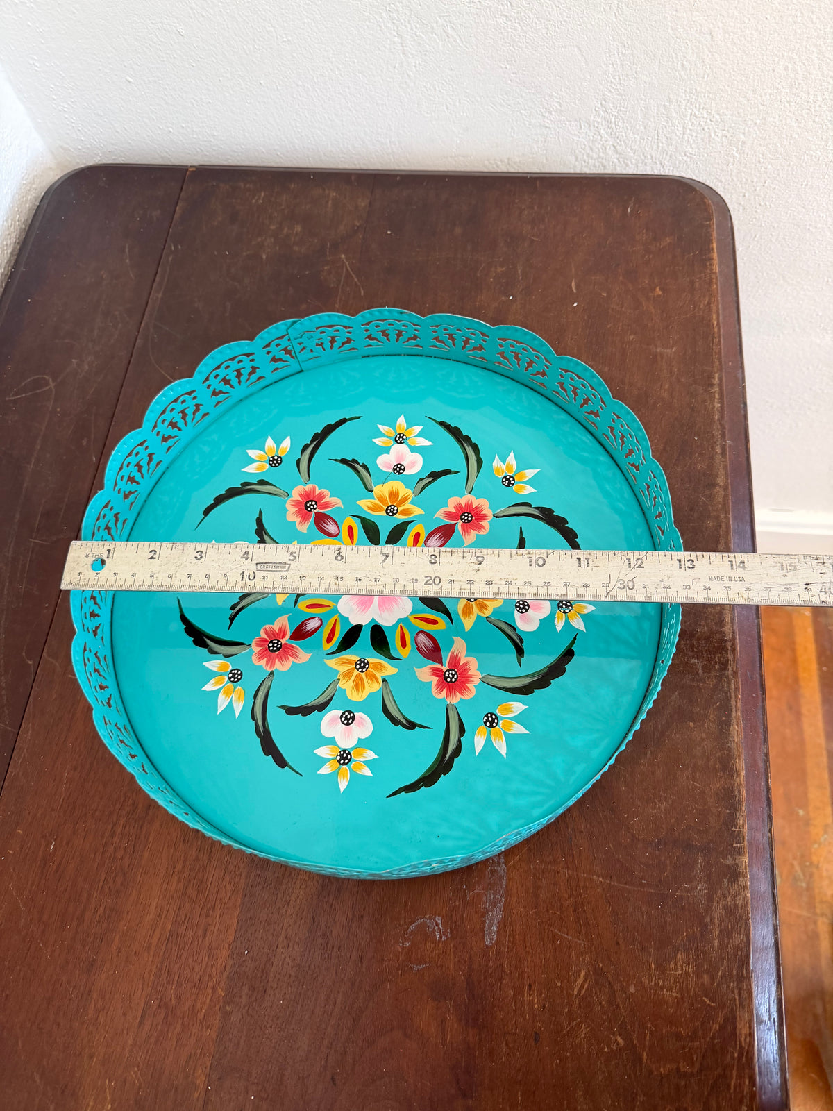 Turquoise  hand-painted floral metal tray