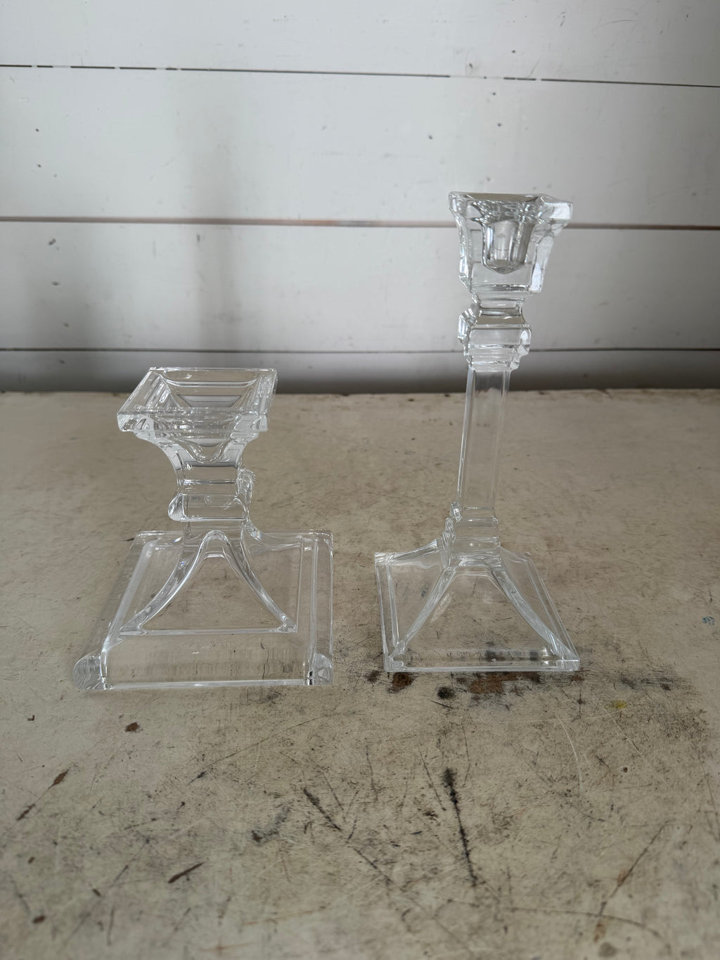 Set of Two Square Base Crystal Candlesticks