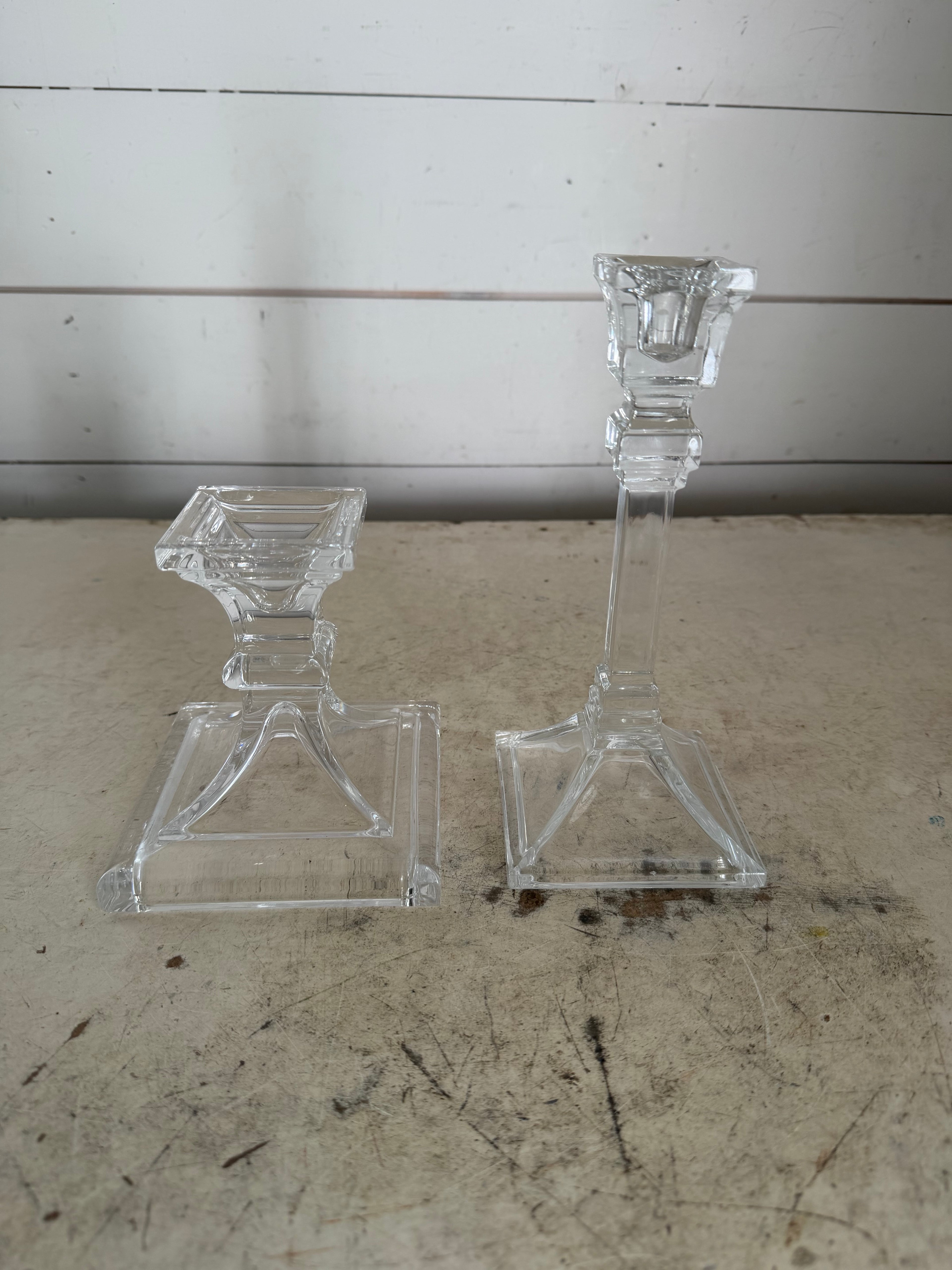 Set of Two Square Base Crystal Candlesticks