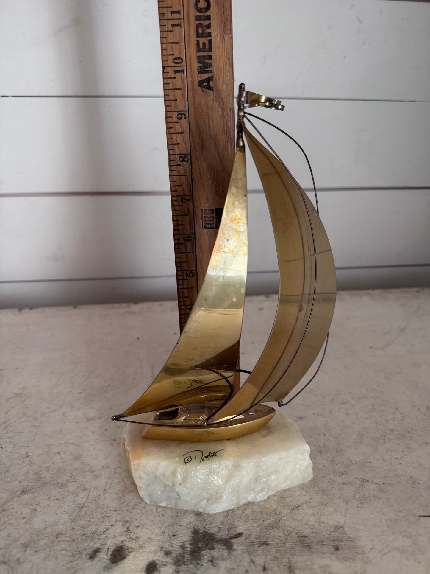 John DeMott Signed Brass Sail Sailboat Sculpture Nautical on Stone Base Patina