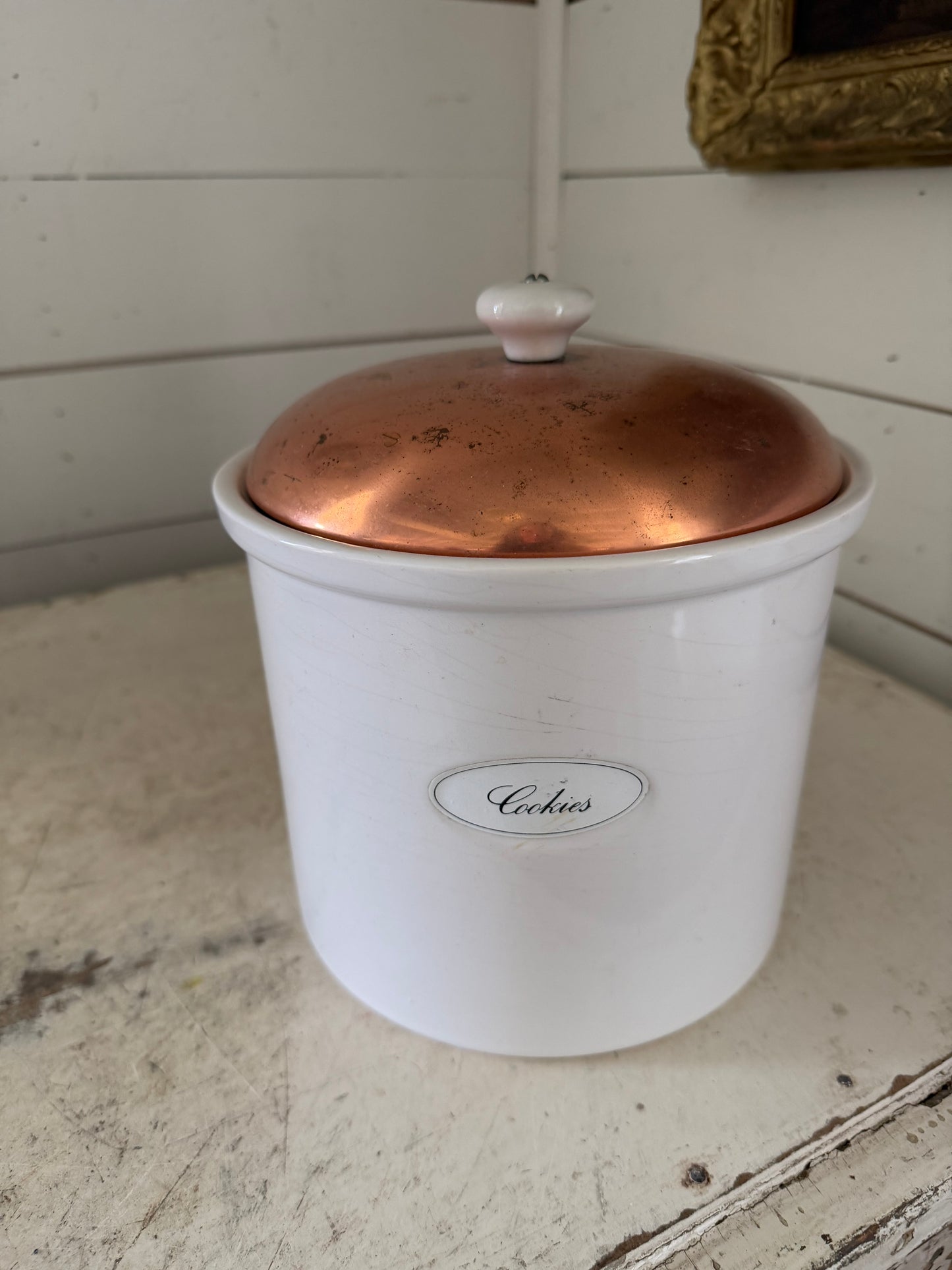 Vintage Benjamin and Medwin White Ceramic Cookie Jar W/ Brass Lid- Portugal