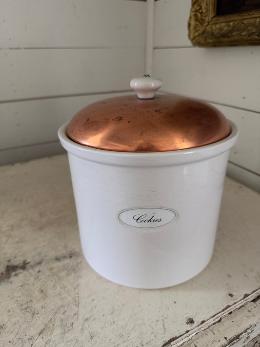 Vintage Benjamin and Medwin White Ceramic Cookie Jar W/ Brass Lid- Portugal