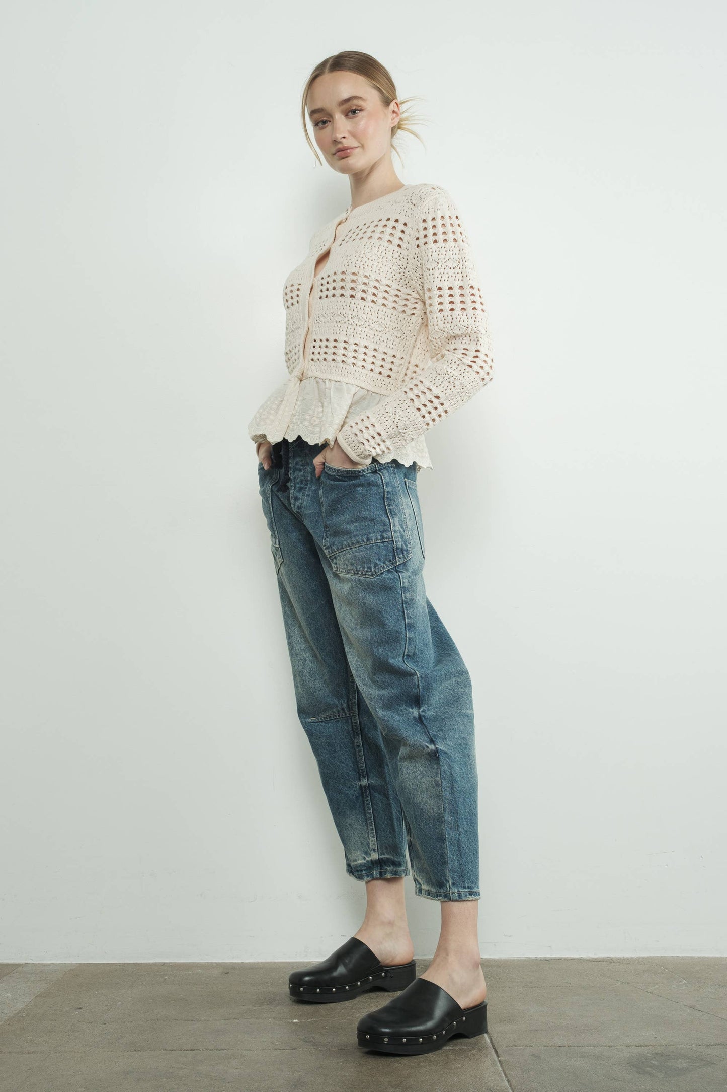 Barrel Denim Pants with Eyelet Waist: Medium Wash