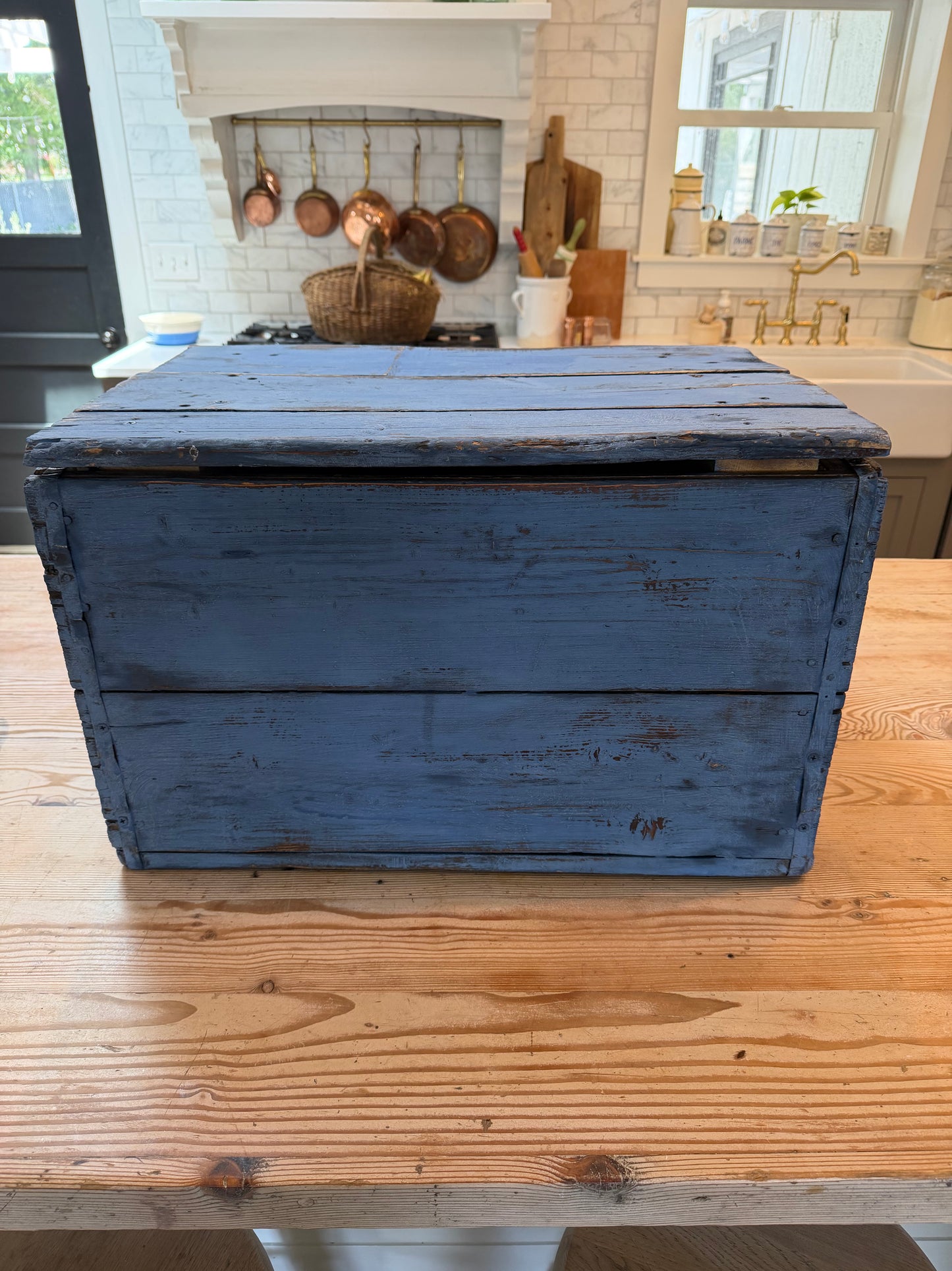 Vintage Large Wood Kindling Box Painted In Federal Blue Milk Paint