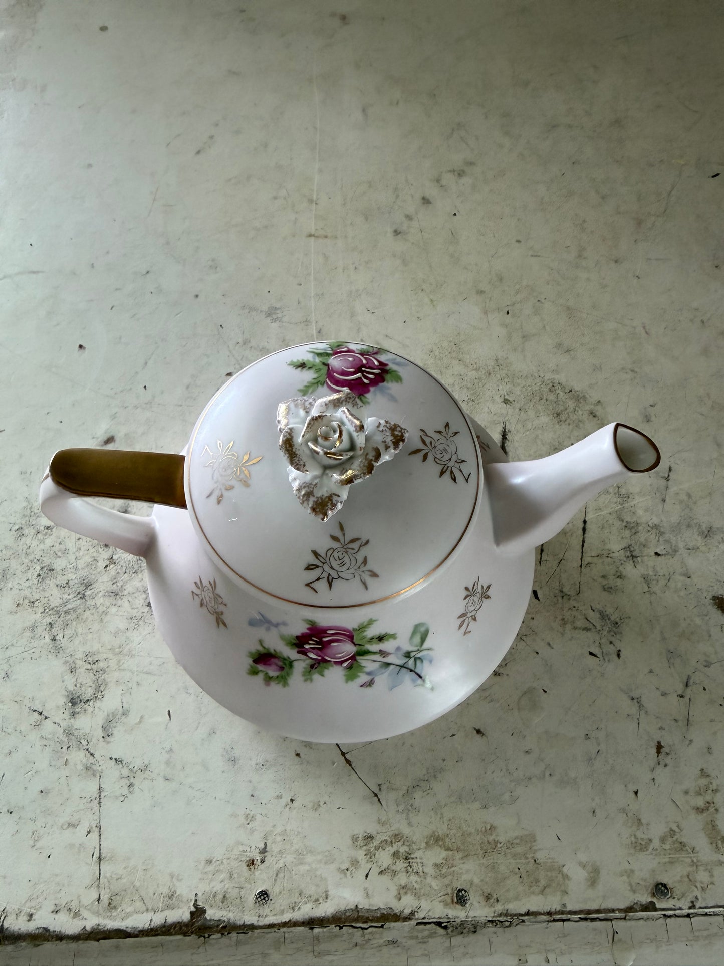 Vintage Lefton China Teapot With Band painted Cabbage Roses