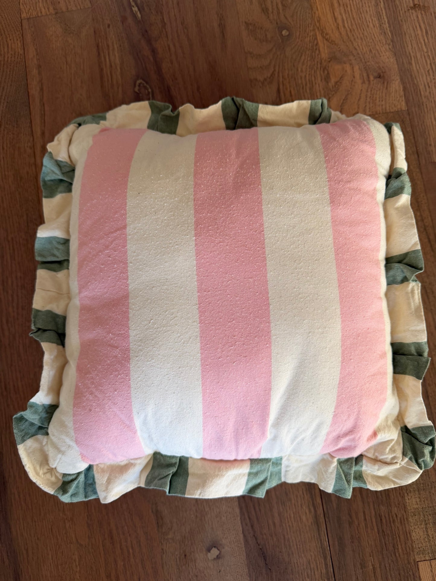 Green and Pink Striped Throw pillow with Ruffle edge