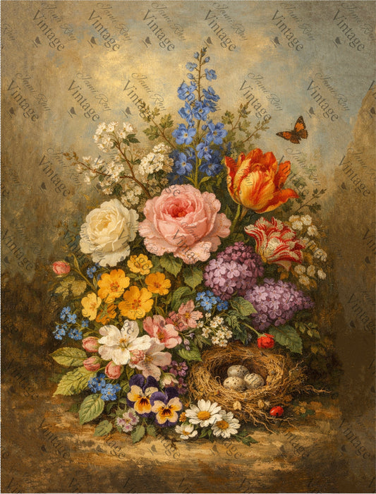 Butterfly & Nest with Moody Floral Arrangement | JRV Large Rice Paper 31-1/2x23-5/8”