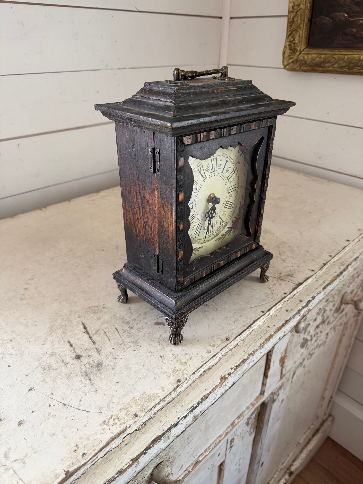 Mantle Clock With Cast Metal Feet - Will Get Makeover - opens with hooks inside