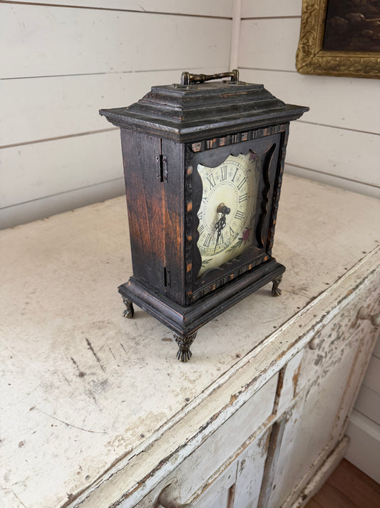 Mantle Clock With Cast Metal Feet - Will Get Makeover - opens with hooks inside