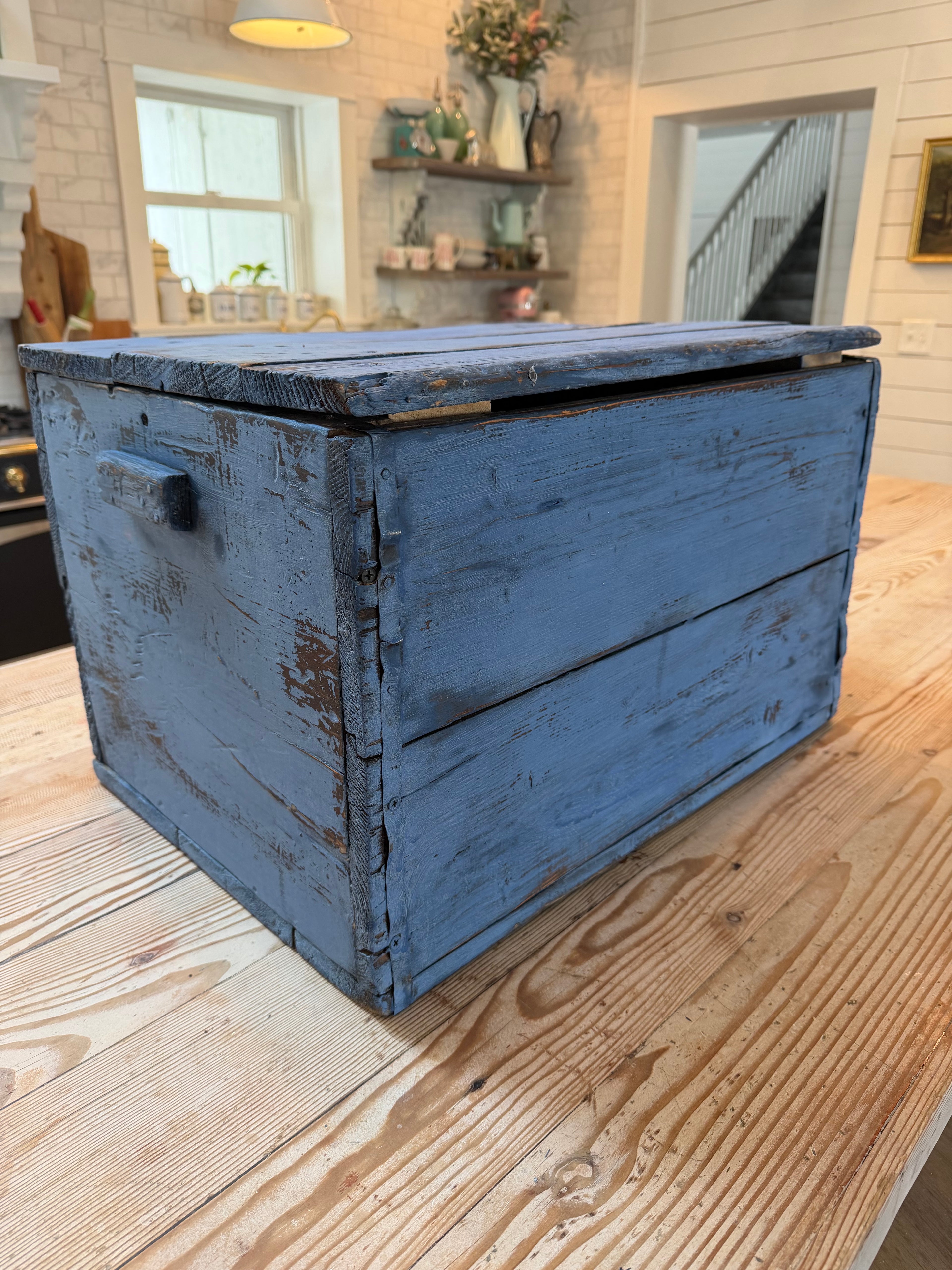 Vintage Large Wood Kindling Box Painted In Federal Blue Milk Paint