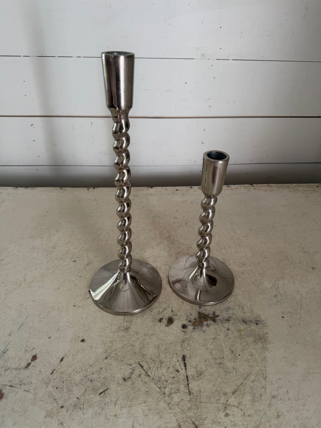 Tarnished Twisted Metal Candlestick Pair