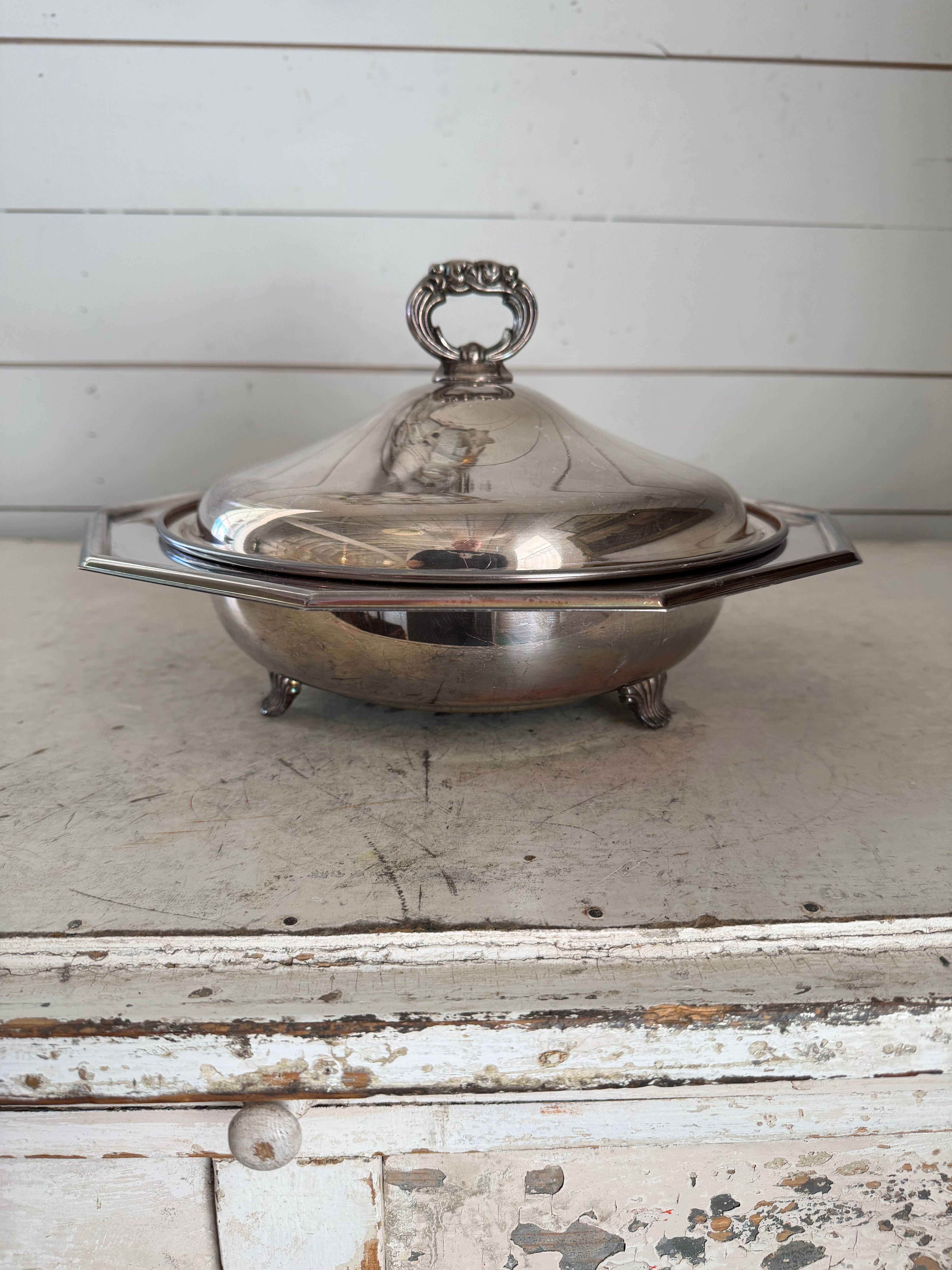 Vintage silver-plated lidded serving dish with feet