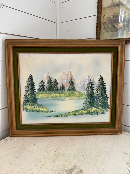 Oil Painting Vintage Landscape Mountain Lake & Spruce Trees Signed Framed